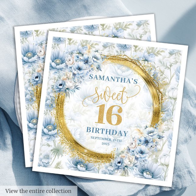 Guardanapo De Papel Azul com poeira personalizada Doce 16 Dourado Aniv (Custom Dusty Blue Sweet 16 Gold Glitter Birthday Napkins)