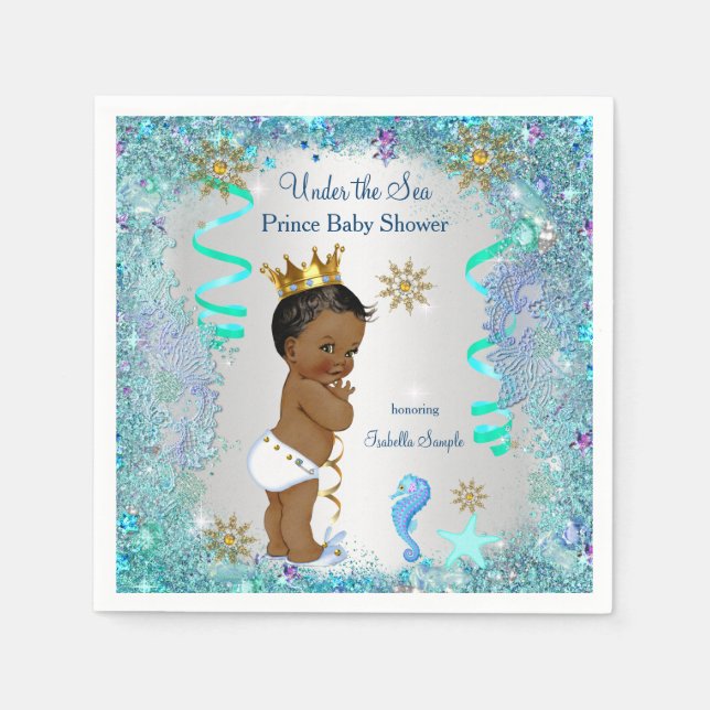 Guardanapo De Papel Azul Dourado sob o mar Prince Chá de fraldas Étnic (Frente)