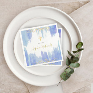 Guardanapo De Papel Azul Elegante Aquarela e Dourado Batismo