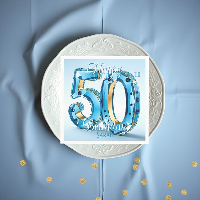 Guardanapo De Papel Azul Elegante e Gemstone Dourado 50º aniversário (Criador carregado)