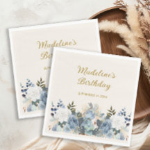 Azul Empoeirado Branco Floral Dourado Aniversário