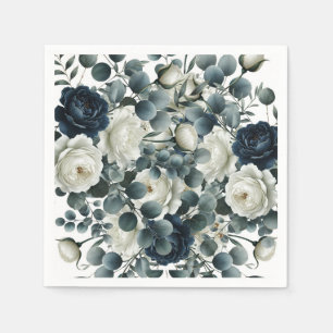 Guardanapo De Papel Azul Escuro e Branco Casamento Moderno Floral Verd