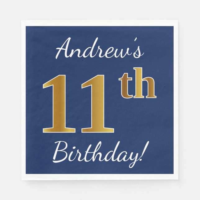 Guardanapo De Papel Azul, Faux Dourado 11 Aniversário + Nome Personali (Frente)