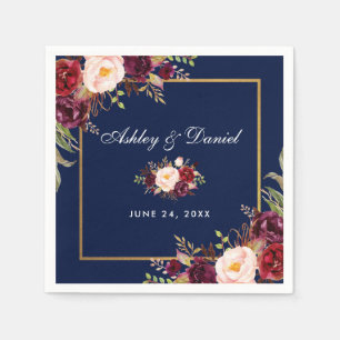 Guardanapo De Papel Azul floral de Borgonha da aguarela do casamento