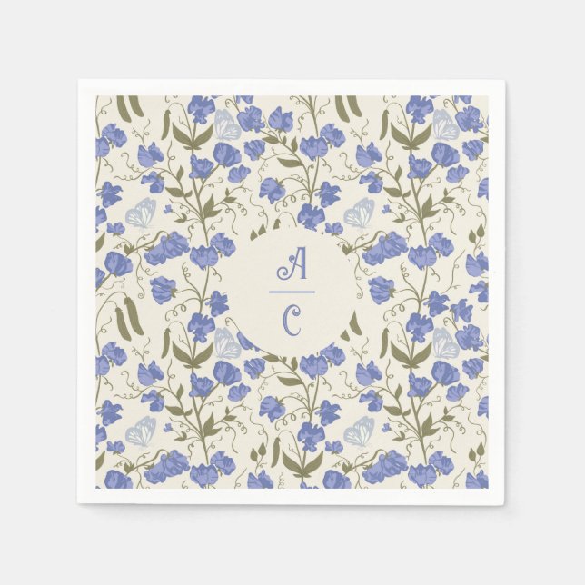 Guardanapo De Papel Azul Floral e Creme de Ervilha doce (Frente)