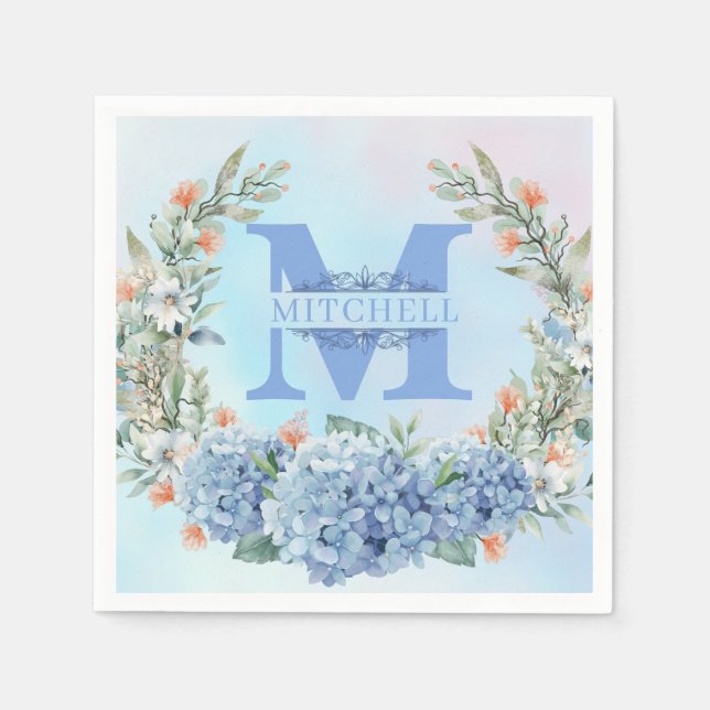 Guardanapo De Papel Azul Hydrangea MonogramPaper Napkin (Frente)