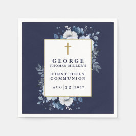 Guardanapo De Papel Azul Marinho Boho Floral Primeira Comunhão