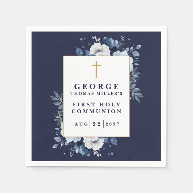 Guardanapo De Papel Azul Marinho Boho Floral Primeira Comunhão (Frente)