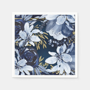 Guardanapo De Papel Azul Marinho e Dourado Floral Aquarelado Moderno e