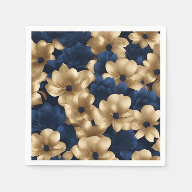 Guardanapo De Papel Azul Marinho E Dourado Floral Elegante (Frente)