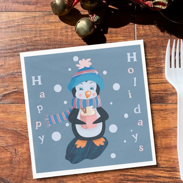 Guardanapo de papel azul pinguim desenho animado f (Cute cartoon penguin Holidays blue paper napkin . )