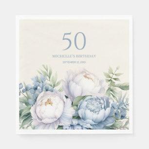 Guardanapo De Papel Azul Poeira Branco Floral 50º Aniversário Nome