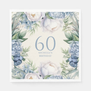 Guardanapo De Papel Azul Poeirento Floral Branco Aniversário de 60 ano