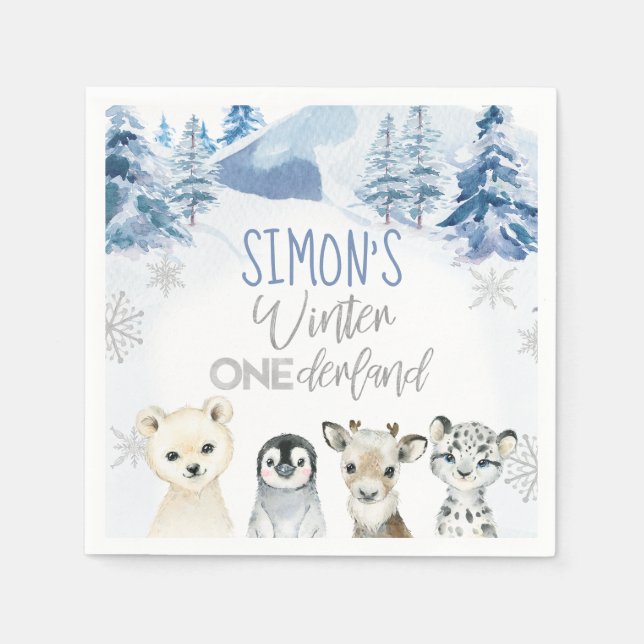 Guardanapo De Papel Azul Prata Ártico inverno Onederland Aniversário (Frente)