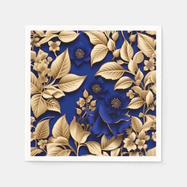 Guardanapo De Papel Azul Real Elegante e Dourado Floral (Frente)