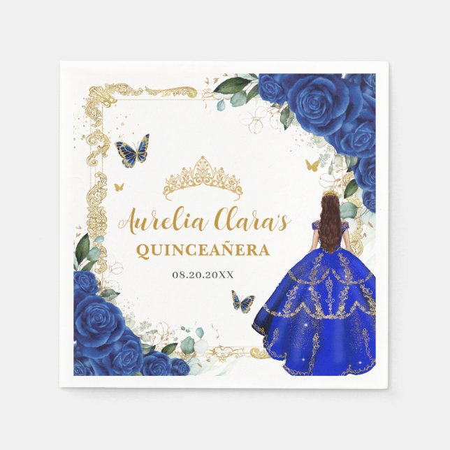 Guardanapo De Papel Azul Real Floral Princesa Dourada Mis 15 (Frente)