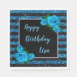 Guardanapo De Papel Azul Rosas Azuis  Brilhante Aniversário