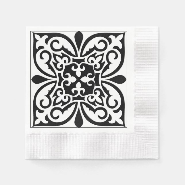 Guardanapo De Papel Azulejo marroquino - branco com fundo preto (Frente)
