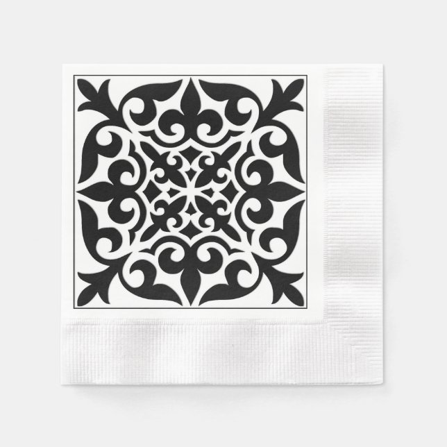 Guardanapo De Papel Azulejo marroquino - branco com fundo preto (Frente)