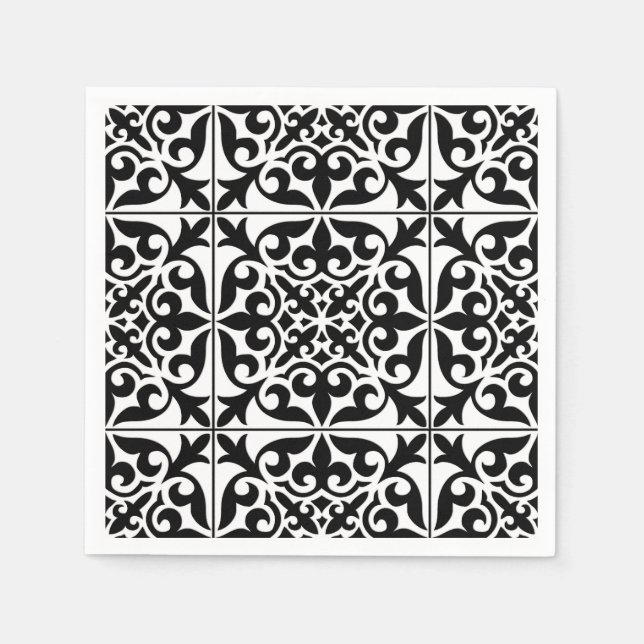 Guardanapo De Papel Azulejo marroquino - branco com fundo preto (Frente)