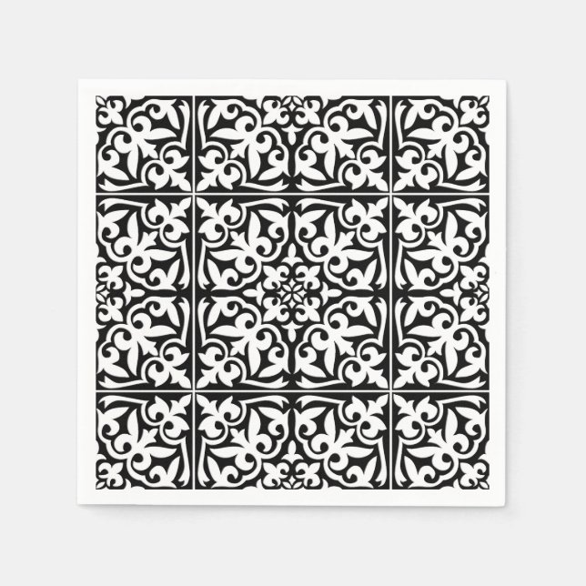 Guardanapo De Papel Azulejo marroquino - preto com fundo branco (Frente)
