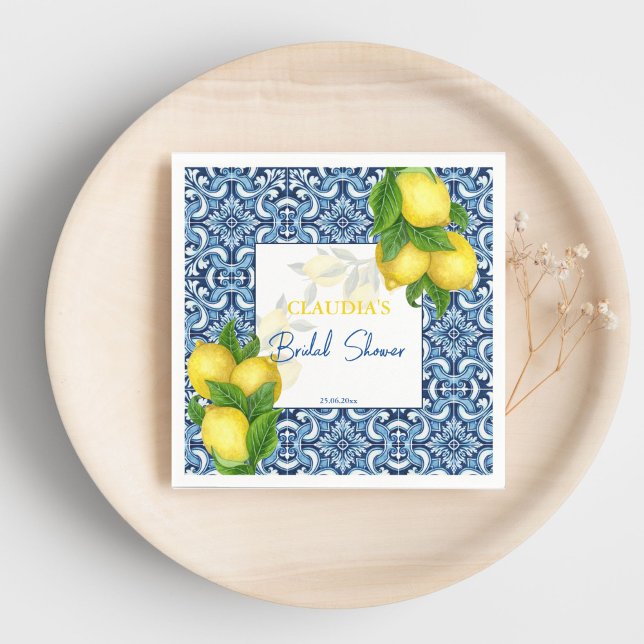 Guardanapo De Papel Azulejos azuis e chuveiro de noiva personalizado c (Blue tiles and lemon Amalfi bridal shower custom Napkins personalized bridal shower tableware)