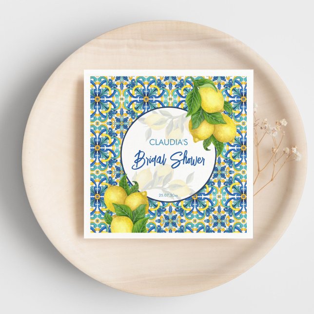 Guardanapo De Papel Azulejos azuis lemon Amalfi Positano chá de noiva  (Blue tiles lemon Amalfi Positano bridal shower Napkins personalized tableware Mediterranean themed)