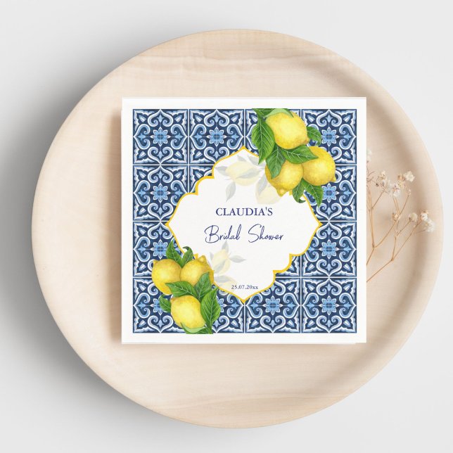 Guardanapo De Papel Azulejos azuis limão noivado Amalfi festa personal (Blue tiles lemon Amalfi bridal shower party custom Napkins personalized tableware)