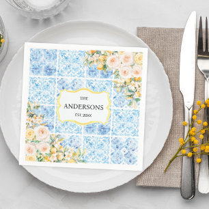 Guardanapo De Papel Azulejos Azuis Mediterrâneos Flor Limão Nome da Fa