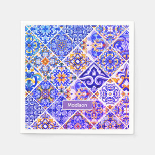 Guardanapo De Papel Azulejos azuis roxos do Mediterrâneo mexicano