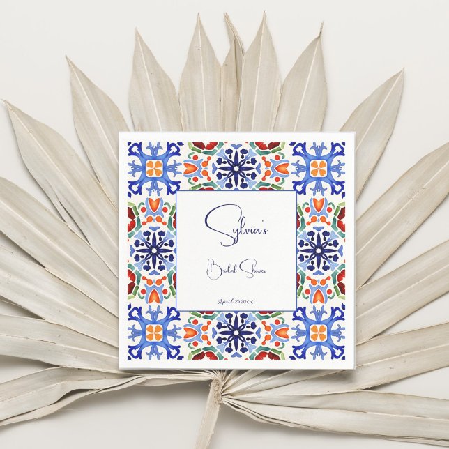 Guardanapo De Papel Azulejos coloridos mexicanos azuis impressos para  (Blue Mexican talavera azulejo bold colorful tiles Spanish bridal shower printed Napkins template)