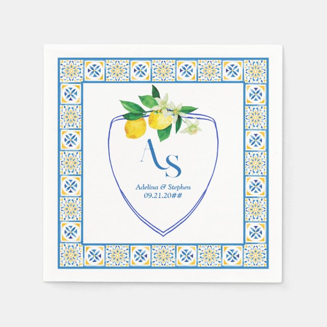 Guardanapo De Papel Azulejos do Mediterrâneo Azul Itália Crest Lemon W (Frente)