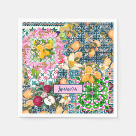 Guardanapo De Papel Azulejos florais de citrinos de cor azul-chic