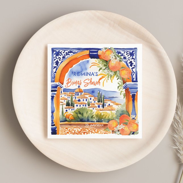 Guardanapo De Papel Azulejos laranja azul talavera banho de noiva (Orange blue azulejo talavera tiles Spanish summer bridal shower template printed napkins bold colors)