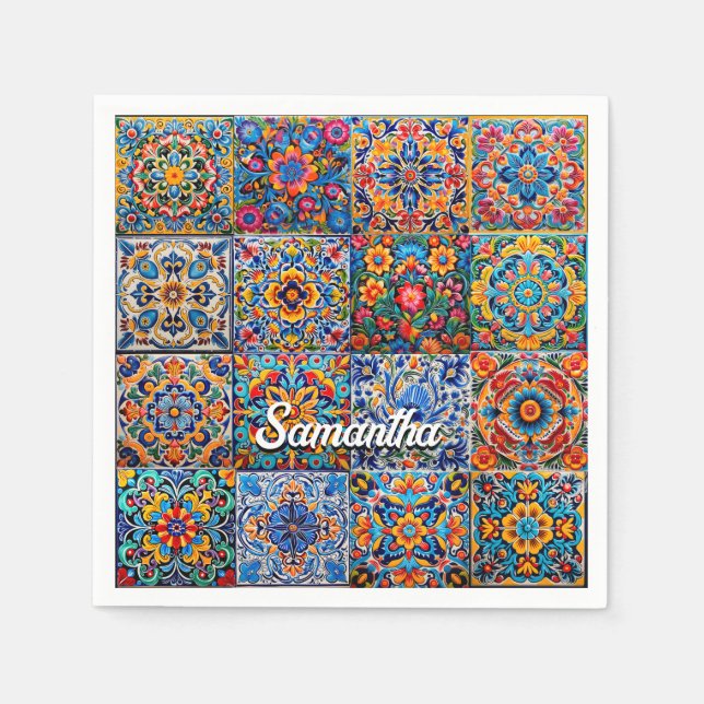 Guardanapo De Papel Azulejos mexicanos de amarelo-talavera-vermelho (Frente)