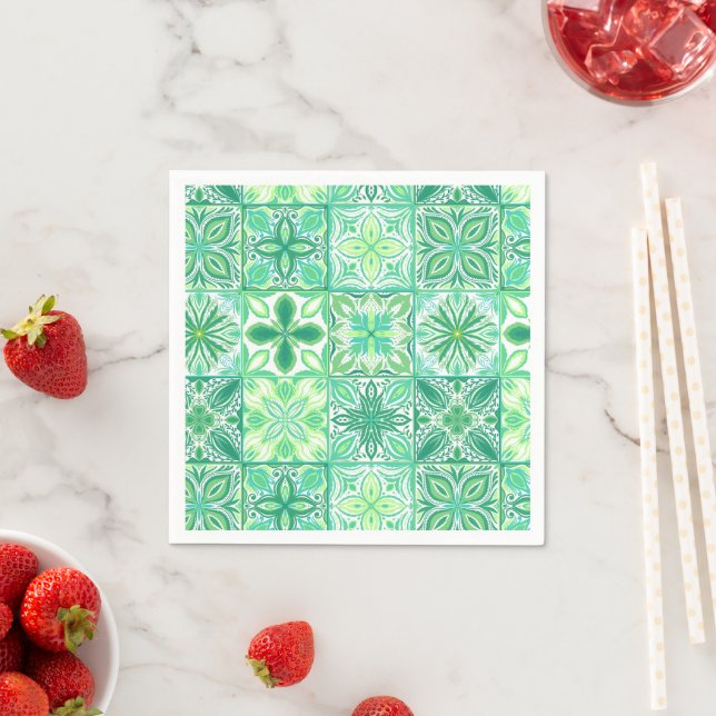 Guardanapo De Papel azulejos ornamentados em verde e branco (Insitu)