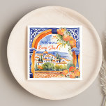 Guardanapo De Papel Azulejos talavera azul laranja banho de noiva<br><div class="desc">Azulejo de laranja cítrica talavera majólica azulejos arco azul laranja mediterrâneo guardanapos impressos personalizados decoração de mesa,  para funções temáticas de cores vibrantes e ousadas para a primavera verão</div>