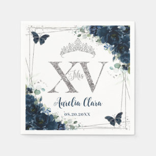 Guardanapo De Papel Baby Blue Floral Borboletas Prata Quinceañera XV