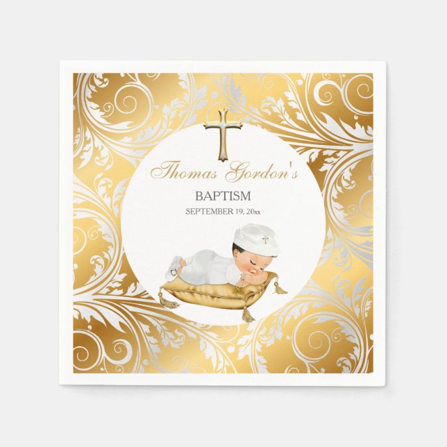 Guardanapo De Papel Baby Boy Christening Baptism Dourado Silver (Frente)