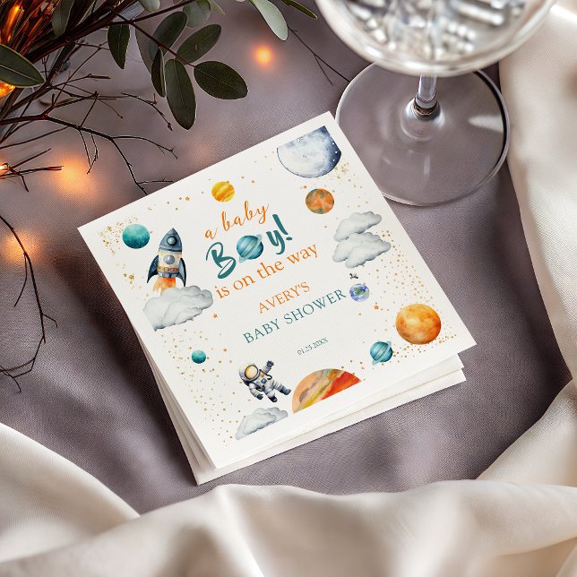 Guardanapo De Papel Baby BoyWatercolor Space Baby Shower Planet (Criador carregado)