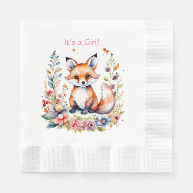 Guardanapo De Papel Baby Fox in Flowers | Baby Shower It's a Girl (Frente)