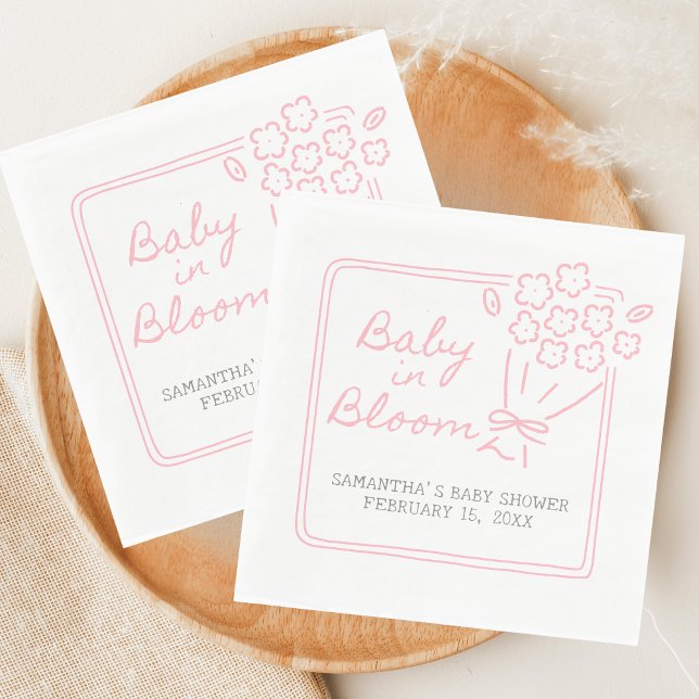 Guardanapo De Papel Baby in Bloom Baby Shower (Hand Drawn Baby in Bloom Baby Shower Napkin)