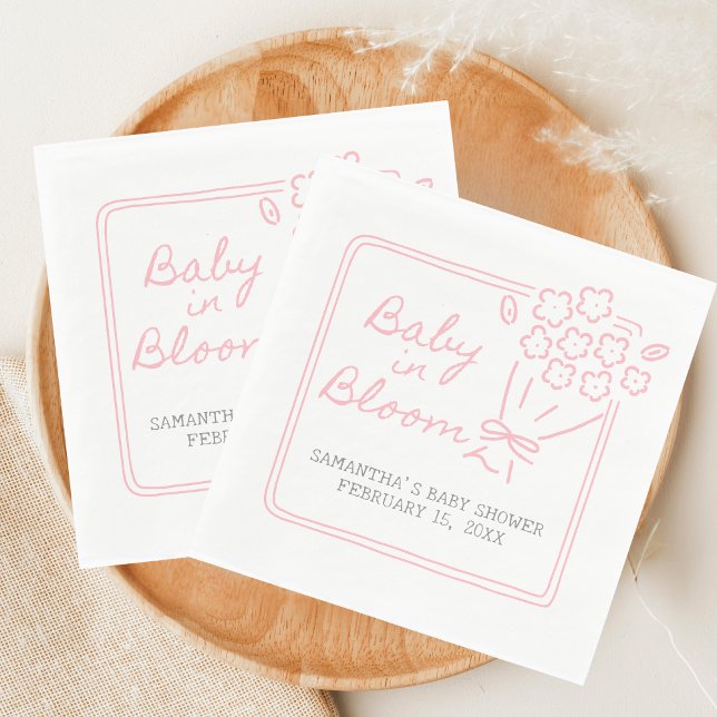 Guardanapo De Papel Baby In Bloom Baby Shower (Hand Drawn Baby in Bloom Baby Shower Napkin)