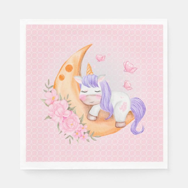 Guardanapo De Papel Baby Unicorn Over The Moon with Flowers (Frente)