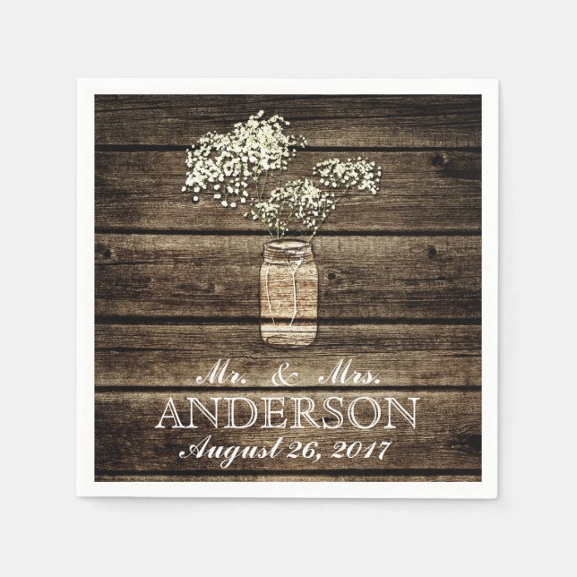 Guardanapo De Papel Baby's Breath Mason Jar | Barn Wood Wedkin (Frente)
