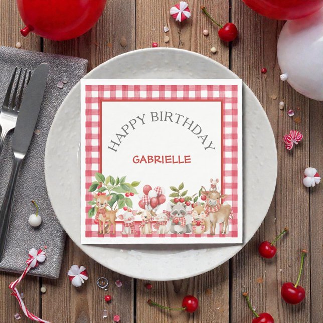 Guardanapo De Papel Baby's Cherry First Red Gingham Birthday (Criador carregado)