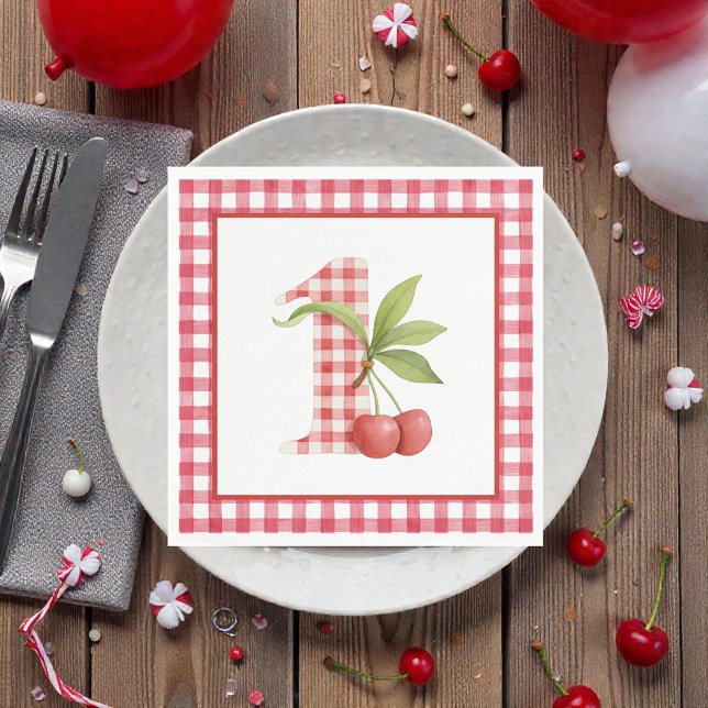 Guardanapo De Papel Baby's Cherry First Red Gingham Birthday (Criador carregado)