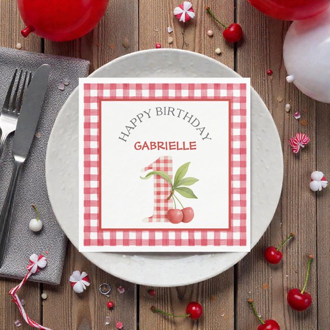 Guardanapo De Papel Baby's Cherry First Red Gingham Birthday (Criador carregado)