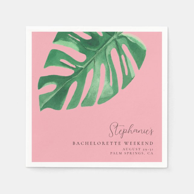 Guardanapo De Papel Bachelorette de Monstera Tropical Verde e Rosa (Frente)