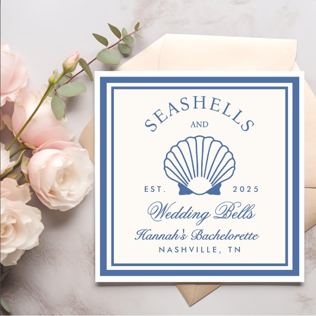 Guardanapo De Papel Bachelorette Retro Blue Seashells & Wedls (Criador carregado)